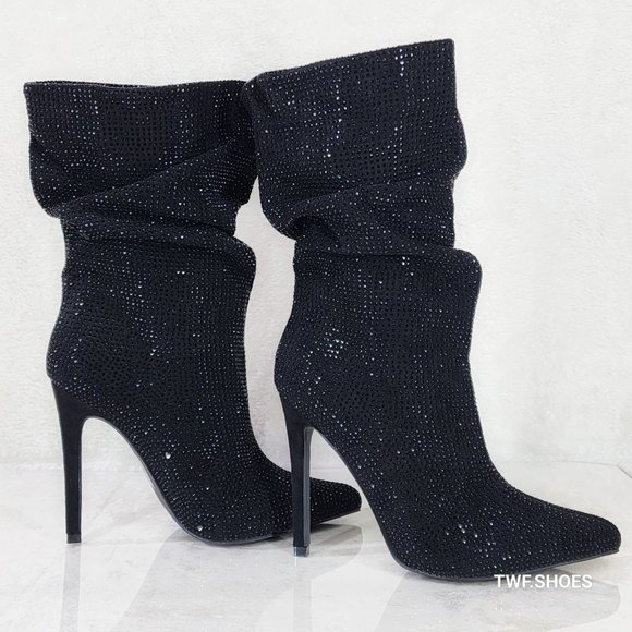 Resolve Sparkling Black Rhinestone High Heel Slouch Calf Boots New Years Bling - Picture 4 of 14